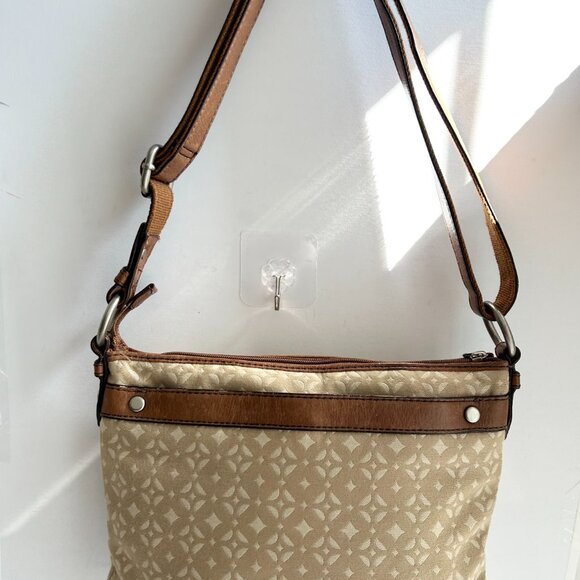 Fossil Maddox Brown Tan Leather Canvas Crossbody / Shoulder Bag - Picture 3 of 16